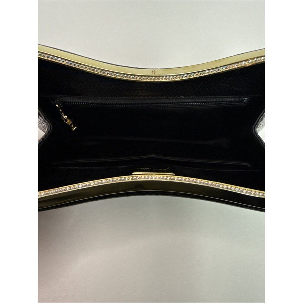 Judith Leiber Black Lizard Snakeskin Leather Rhinestone Clutch Bag Comb Vintage - Picture 14 of 16